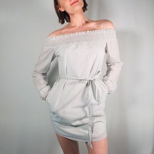 Express Pinstripe Off Shoulder Pocket Dress | S